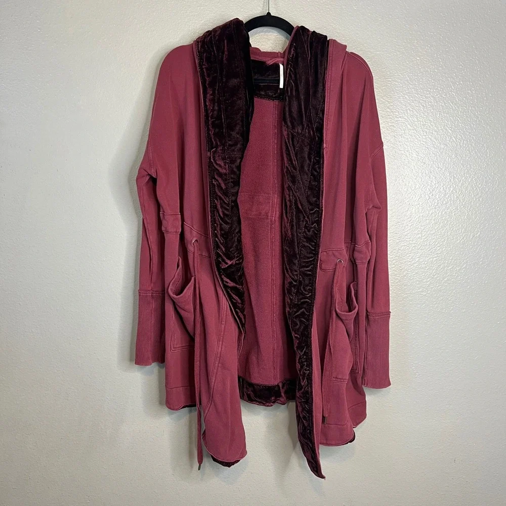Free People Westwood Cardigan Size S Burgundy Velvet Trim Cloak Hood Dark Berry